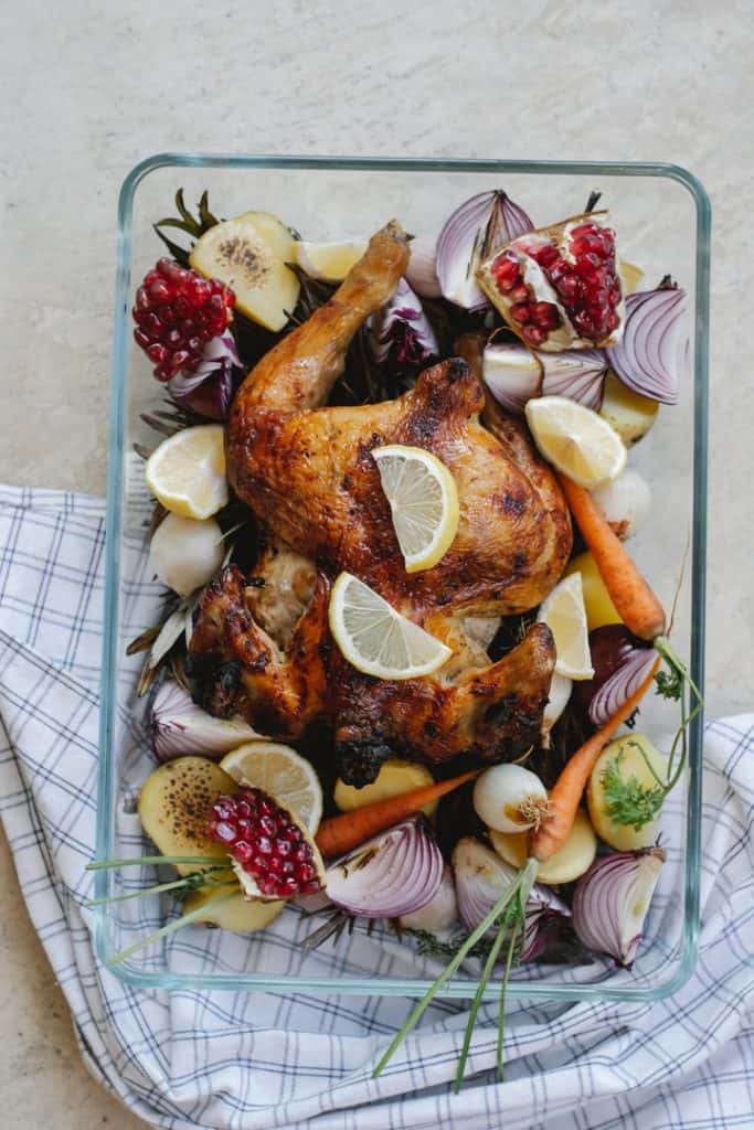 rotisserie chicken and onions and lemons