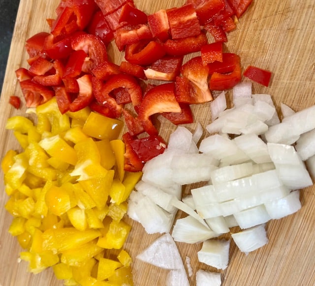 chopped onion and peppers