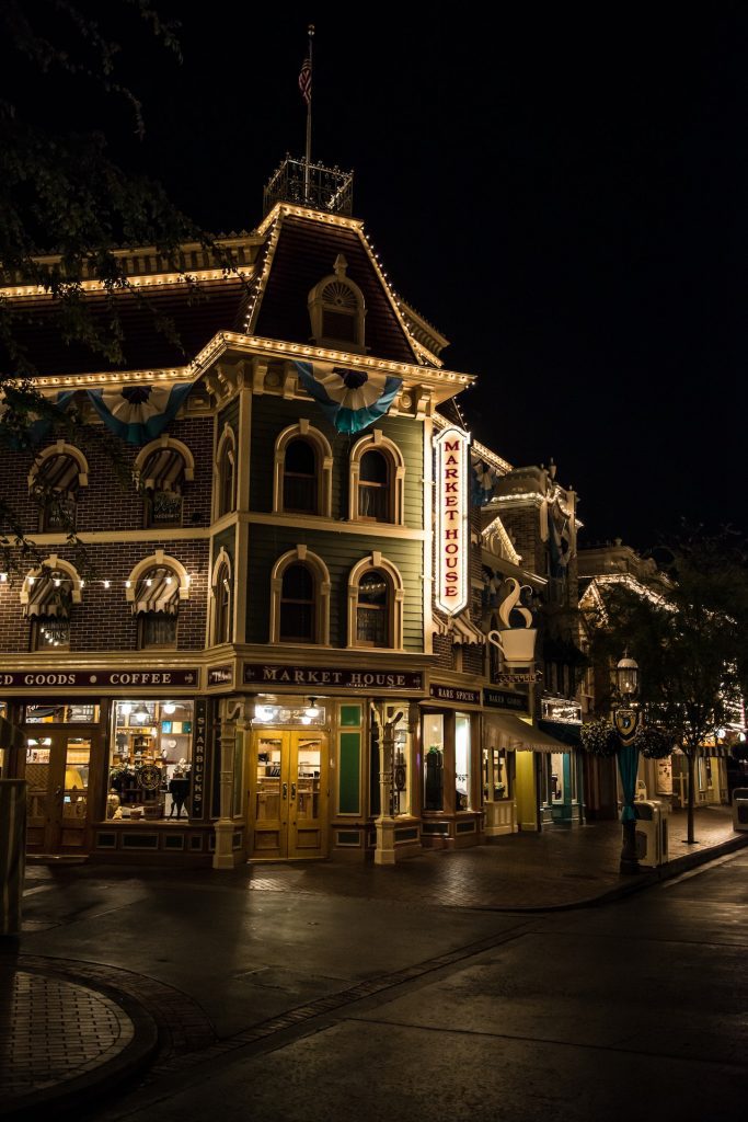 Disneyland building at night