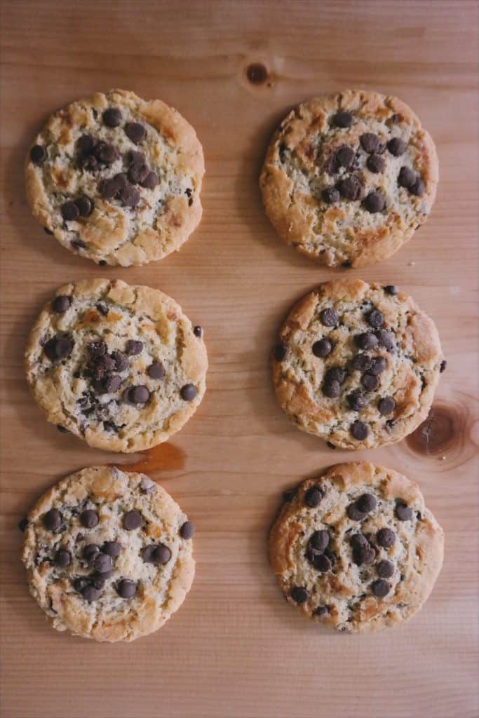chocolate chip cookies on wooden board