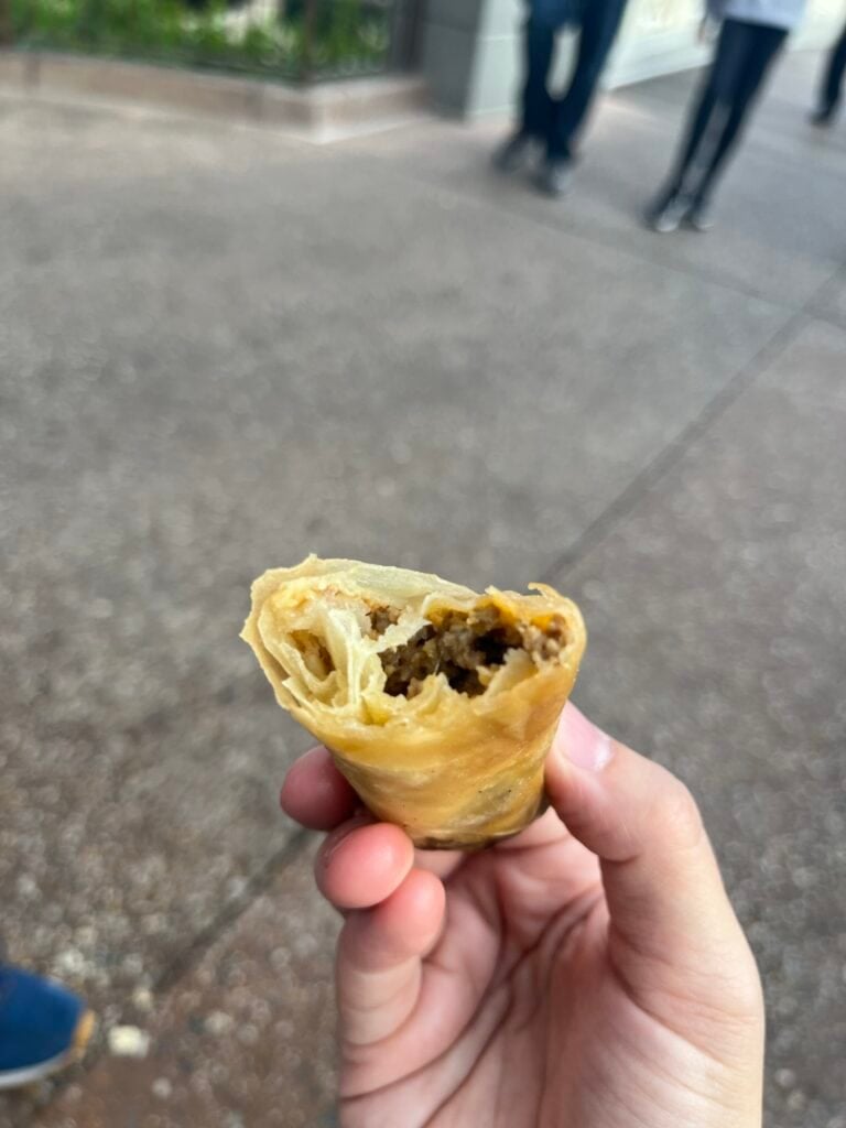 inside of cheeseburger egg roll at Magic Kingdom